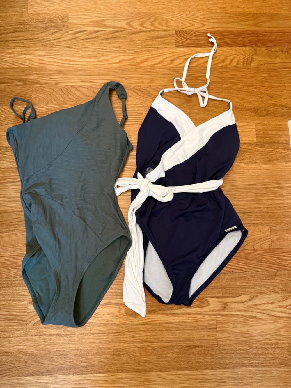 Vince Camuto & Becca One-Piece Swimsuits in Olive Green and Navy with White Trim